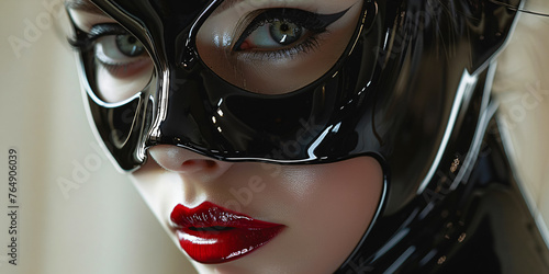   futuristic woman dressed in dark latex with black eye mask © Riverland Studio