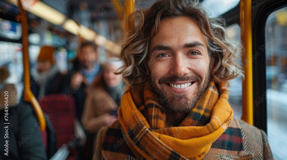 Obraz premium Amidst the sustainable ethos, commuters' radiant smiles illuminate public transportation, embodying a harmonious blend of eco-consciousness and contentment. 
