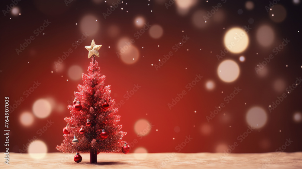 Miniature Christmas tree with blurred bokeh red gold light background on wood table with snowflake, snowdrift and copy space. Christmas, New Year, Valentine or Birthday celebration holiday concept.