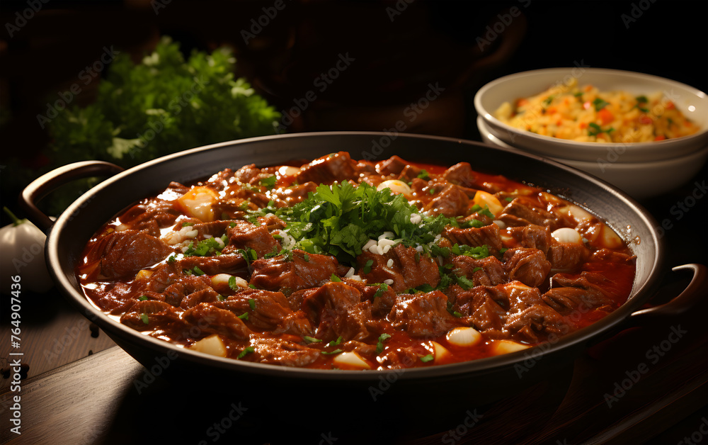 A view of delicious meat and American mutton curry spicy on a plate