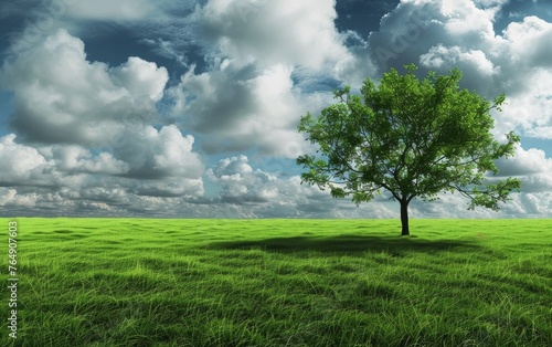 A tree is standing in a field of grass