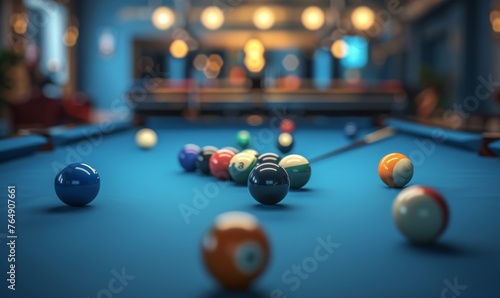 A pool table with a red ball on it