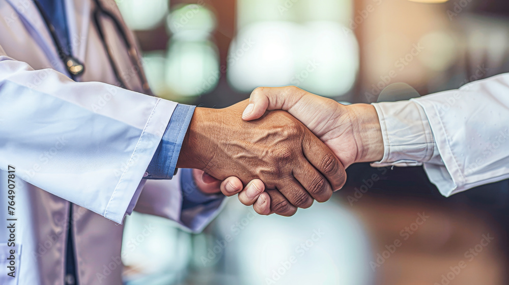 A handshake between two people in white coats. Scene is professional and friendly. The handshake symbolizes trust and respect between the two individuals A handshake between two people in white coats. Scene is professional and friendly. The handshake symbolizes trust and respect between the two individuals