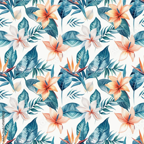 Colorful Seamless Vector Pattern with Watercolor Flowers and Leaves
