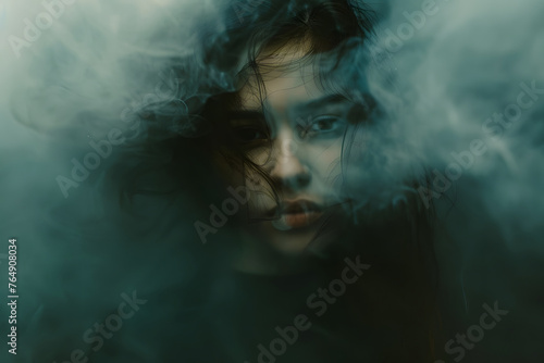 Cinematic blur art photography of a woman face with mood, a blurred motion camera photography of people, concept art for illustration of psychological problems, for music album or book covers