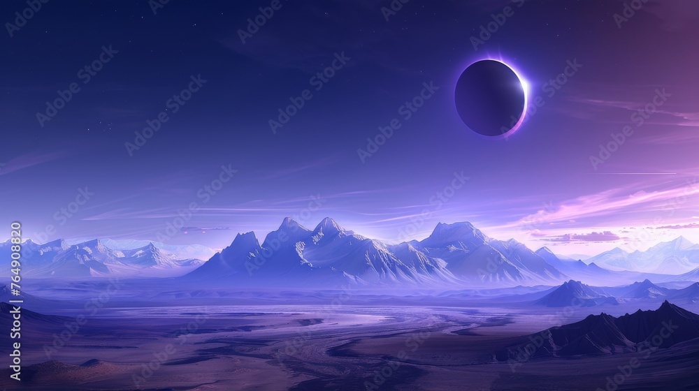 A large purple planet is floating in the sky above a vast, empty landscape A large purple planet is floating in the sky above a vast, empty landscape