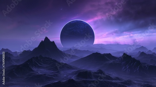 A large purple planet is floating in the sky above a vast, empty landscape