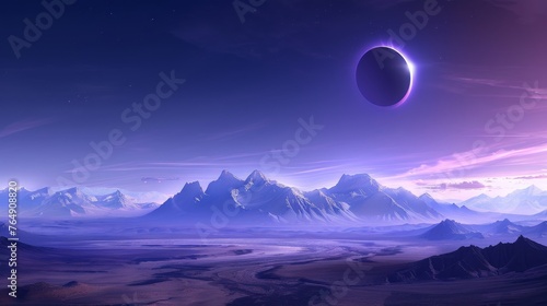 A large purple planet is floating in the sky above a vast, empty landscape
