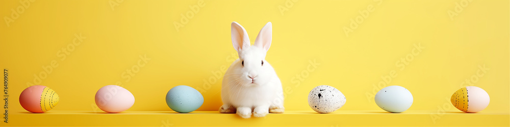 Obraz premium White rabbit and multi-colored Easter eggs on the yellow background.