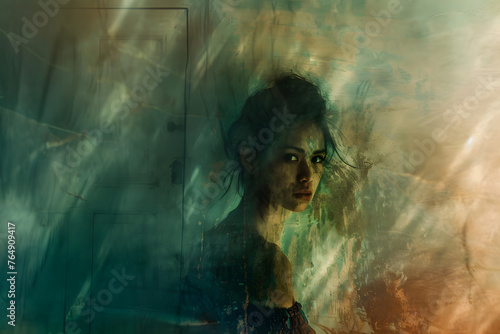 Cinematic blur art photography of a woman face with mood, a blurred motion camera photography of people, concept art for illustration of psychological problems, for music album or book covers