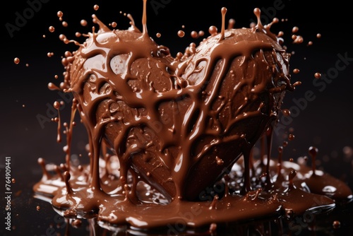 Heart -shaped chocolate splash, isolated chocolate love in brown background, generative IA
