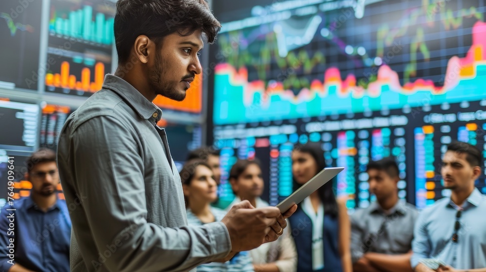 a young male analyst in a corporate setting, attentively reviewing real-time data analytics on a large digital screen, with his colleagues in the background participating in the analytical discussion. a young male analyst in a corporate setting, attentively reviewing real-time data analytics on a large digital screen, with his colleagues in the background participating in the analytical discussion.
