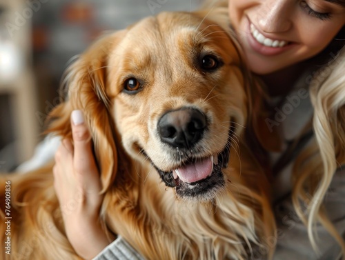 A heartwarming moment between a smiling veterinary professional and a content Golden Retriever being examined in a bright veterinary clinic, showcasing the bond between pets and caregivers. © Riz