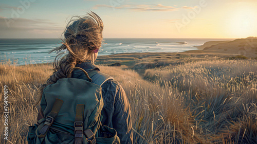 A woman with a backpack is standing on a grassy hill overlooking the ocean. The scene is serene and peaceful, with the sun setting in the background. The woman is enjoying the view