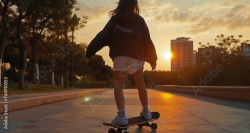 A woman is riding a skateboard on a sidewalk