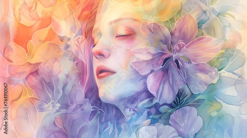 Woman in a Field of Colorful Flowers Illustration, To provide a visually captivating and emotionally evocative digital art piece for use as a desktop