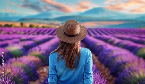 A woman wearing a straw hat stands in a field of lavender