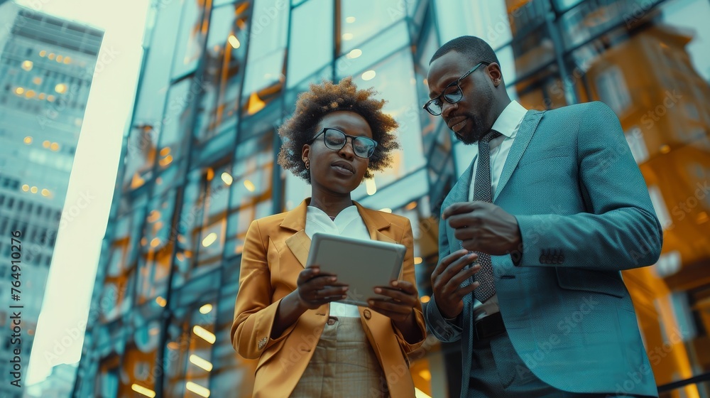 A young African American woman in a business suit is consulting with a senior executive in front of a modern glass office building reflecting the blue sky.