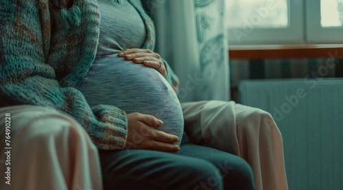 Pregnant woman sitting in a chair. Close-up.