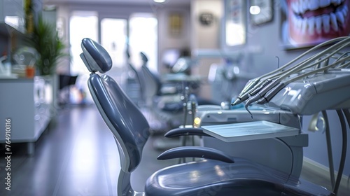 The image shows a modern dental chair and state-of-the-art equipment in a bright and clean dentist's office, with a light bokeh effect that adds a professional, high-tech feel.