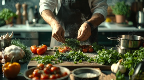 Fototapeta Naklejka Na Ścianę i Meble -  A professional chef is sprinkling fresh herbs on a culinary dish in a sustainable organic kitchen, surrounded by various types of vegetables and greenery.