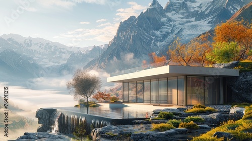 The house's modern architecture with glass walls overlooks a calm lake with stunning views of the forest and mountains, creating perfect harmony between contemporary design and nature.