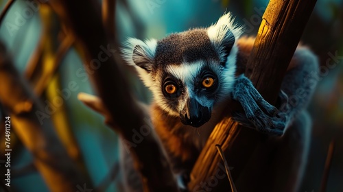 close up of lemur on tree branch, tropical forest defocus background