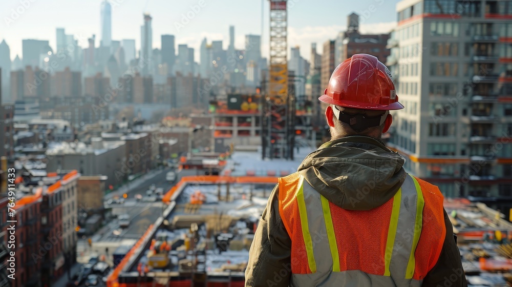A construction worker dressed in safety gear monitors the progress of a building site against the backdrop of a busy city skyline. A construction worker dressed in safety gear monitors the progress of a building site against the backdrop of a busy city skyline.