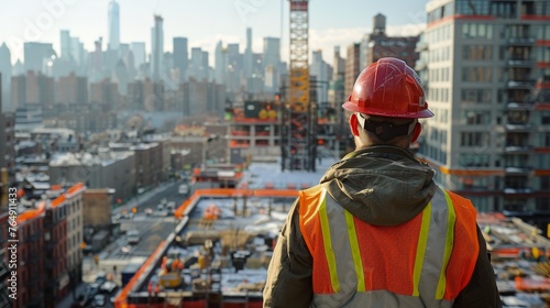 A construction worker dressed in safety gear monitors the progress of a building site against the backdrop of a busy city skyline. © Riz