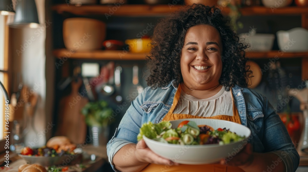 A cheerful woman presents a bowl of fresh homemade salad, reflecting a healthy lifestyle and joy in cooking.