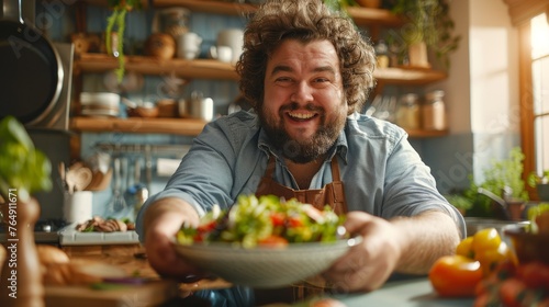 A cheerful man presents a bowl of fresh homemade salad, reflecting a healthy lifestyle and joy in cooking.