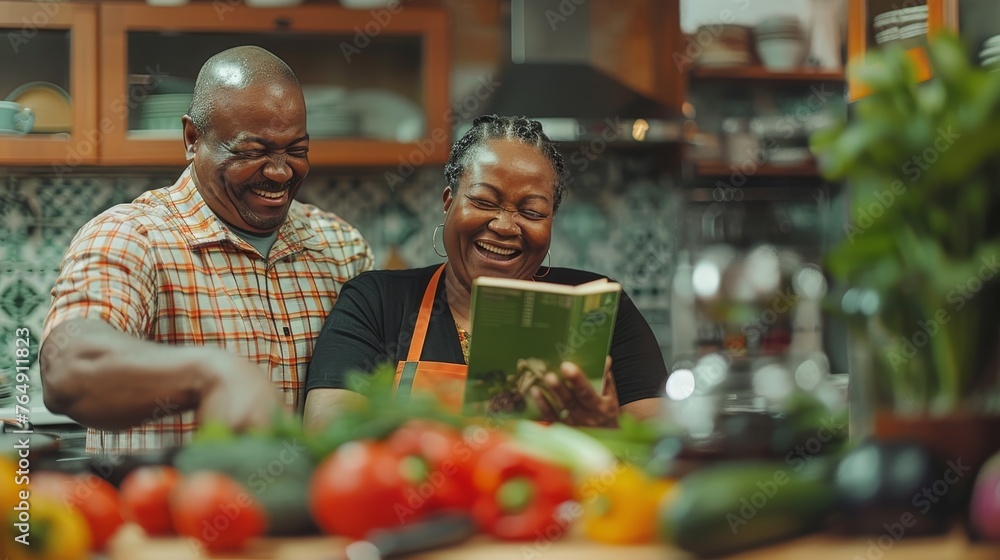 A cheerful couple shares laughs while cooking together in a warm and inviting home kitchen. A cheerful couple shares laughs while cooking together in a warm and inviting home kitchen.