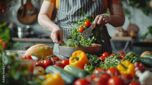 A chef in a striped apron is adding cherry tomatoes to a colorful green salad, paying attention to detail to create a meal that is both healthy and delicious.