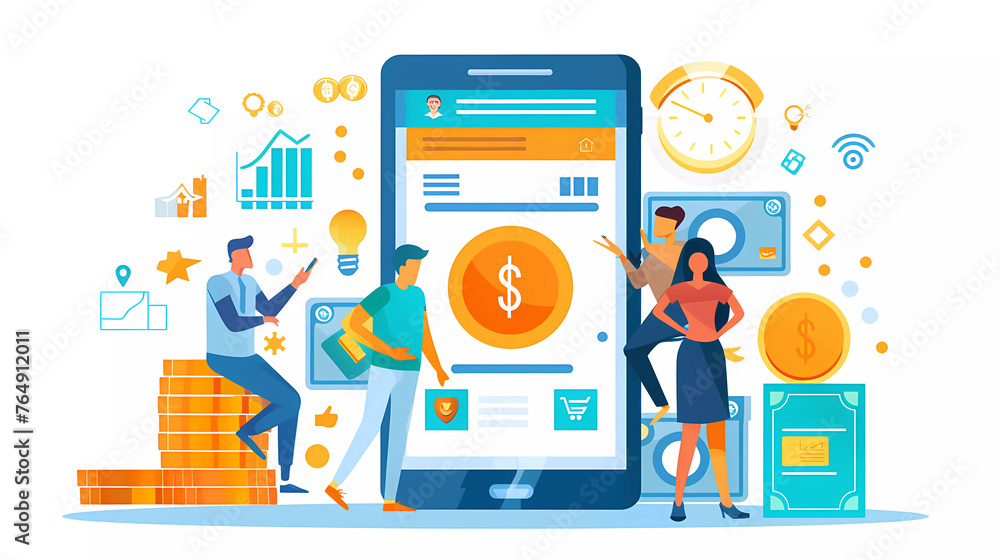 Mobile banking ,people brainstorming fordigital transformation with mobile app screen with creative icon white background. Mobile banking ,people brainstorming fordigital transformation with mobile app screen with creative icon white background.