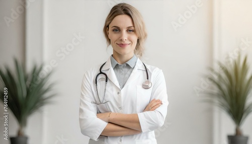 Confident Female Doctor in White Coat Standing with Crossed Arms - Professional Medical Portrait