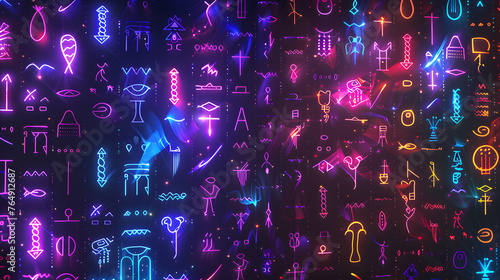 Neon Hieroglyphs Illuminating Abstract Background - Lighted Symbols on Dark Surface