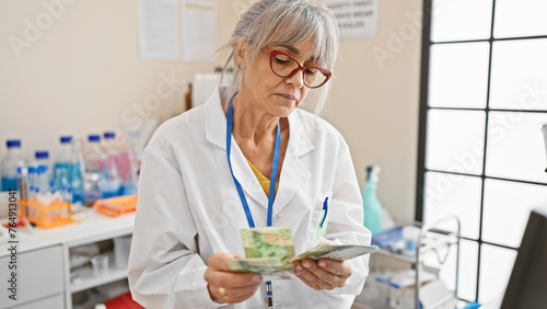 Photography Mature woman scientist in lab coat examining hong kong dollars in a laboratory s