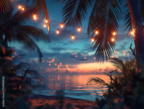 tropical summer night with palm trees and hanging strings of light  © 소연 박