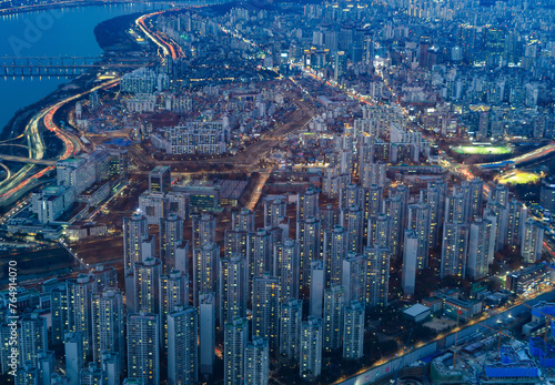 Aerial view of Seoul Downtown Skyline  South Korea. Financial district and business centers in smart urban city in Asia. Skyscraper and high-rise buildings.