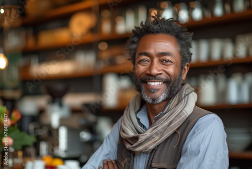 African American coffee shop owner, Proprietor of coffee shop, garbed in earth-toned waistcoat, exudes warmth, standing in his botanical adorned café, signaling morning readiness.