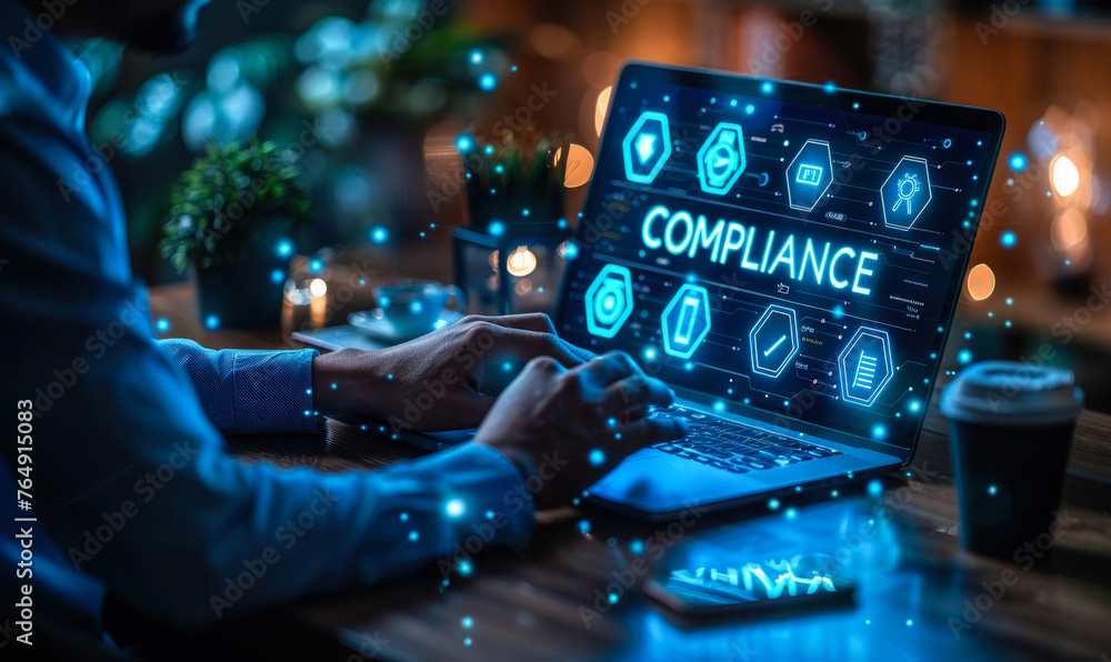 © Bartek - Business professional displays a holographic compliance concept with regulations icons, policies, and auditing on a laptop, importance of adhering to legal & ethical standards in corporate operations © Bartek - Business professional displays a holographic compliance concept with regulations icons, policies, and auditing on a laptop, importance of adhering to legal & ethical standards in corporate operations