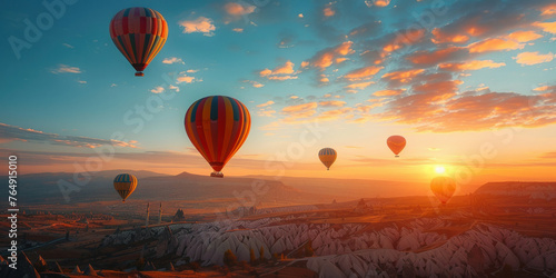 Colorful hot air balloons flying over majestic mountain range at sunset time Sky adventure and scenic landscape view