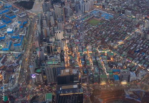 Aerial view of Seoul Downtown Skyline, South Korea. Financial district and business centers in smart urban city in Asia. Skyscraper and high-rise buildings.