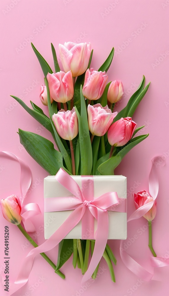 Tulips and Gift Box with Pink Ribbon on Pastel