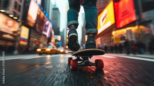 Skateboarder rides down a major city road