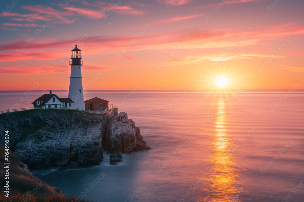 Beautiful lighthouse with a colorful sunset in an ocean view landscape AI Generative