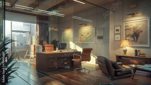 room interior office desk modern work from home cozy chair mixed natural lighting