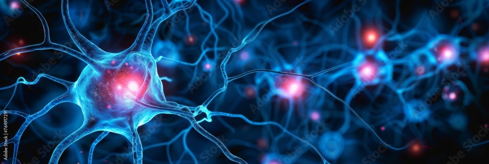 Abstract background depicting a network of neurons with glowing centers and extending dendrites in a blue tone Abstract background depicting a network of neurons with glowing centers and extending dendrites in a blue tone