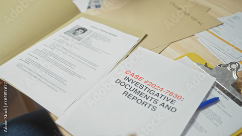 Fotografie A focused investigation scene with a detailed case report, profile, and clipboard on an office desk, implying detective work