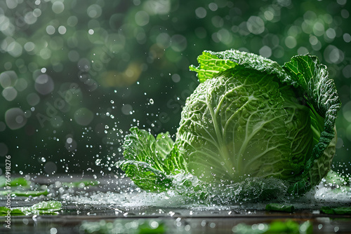 Fresh green cabbage head with water droplets in natural light